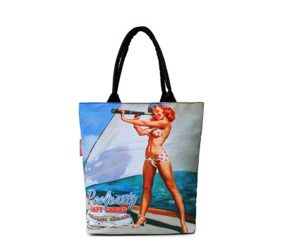 Коттоновая сумка POOLPARTY з пін-ап принтом (pool-navy-chicks)