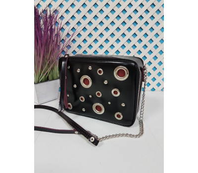Сумка жіноча "КВАДРО" натуральна шкіра, чорна напівматова з бургунди виворотом з люверсами