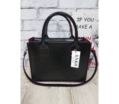 Сумка жіноча "НОВА" натуральна шкіра, чорна напівматова з бургунди виворотом