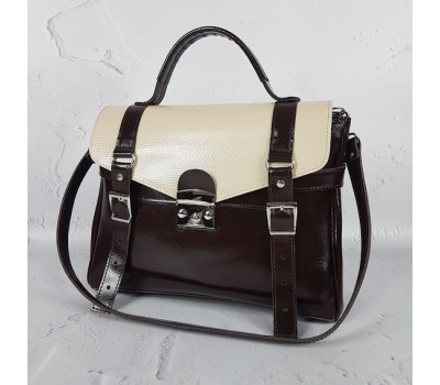 Сумка-саквояж жіноча "Вінтаж" натуральна шкіра, шоколадна глянець / слонова кістка рептилія