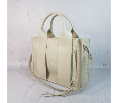 Сумка жіноча "Фіона плюс" натуральна шкіра, слонова кістка з тисненням під плетінку