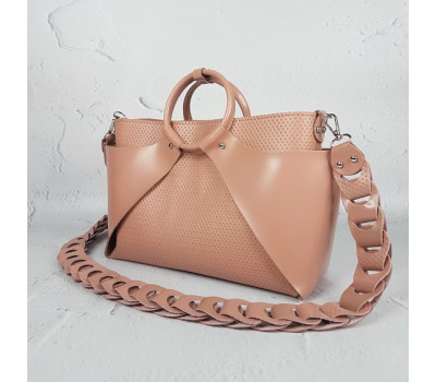 Сумка женская "РОНДА" натуральная кожа, розовая матовая с плетеным ремнем