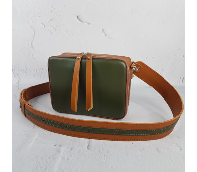 Сумка женская "КВАДРО" натуральная кожа, хаки / гончарная глина с широким ремнем