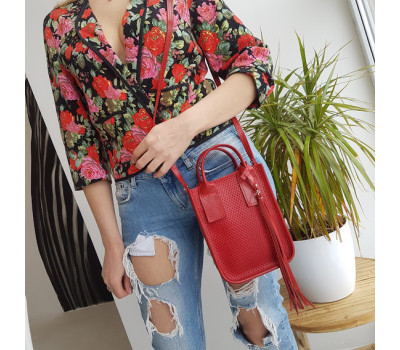 Сумка женская "Амели"" натуральная кожа, красная с тиснением под плетенку