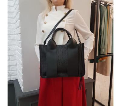 Сумка жіноча "Фіона плюс" натуральна шкіра, чорна матова з тисненням плетінка