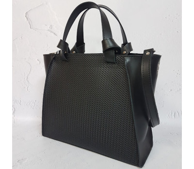 Сумка жіноча "ПРАГМА" з натуральної шкіри, чорна матова з тисненням під плетінку