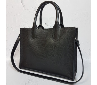 Сумка жіноча "СОЛО" натуральна шкіра, чорна з тисненням під рептилію