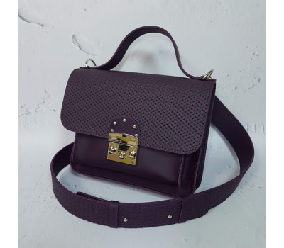 Сумка женская "Бианка" натуральная кожа, баклажан с тиснением под плетенку