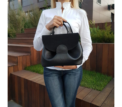 Сумка женская "Фиджи" натуральная кожа, черный флотар клапан из замши