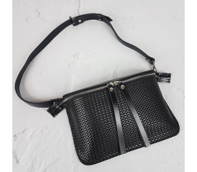 Сумка жіноча поясна "НЕКСТ" натуральна шкіра, чорна матова тиснення плетінка