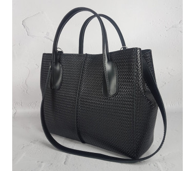 Сумка жіноча "ФОРТА" натуральна шкіра, чорна матова під плетінку