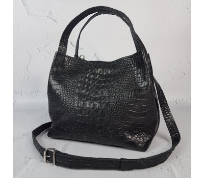 Сумка женская "Жаклин" натуральная кожа, черная с тиснение под крокодила