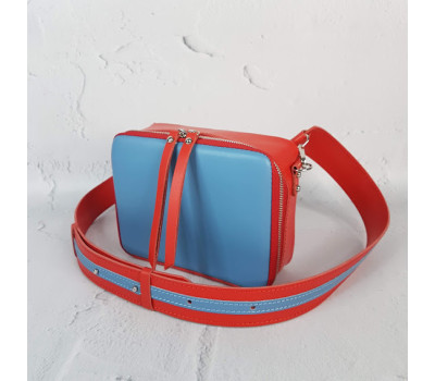 Сумка женская "КВАДРО" натуральная кожа, паприка/голубая с широким ремнем