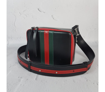 Сумка женская "КВАДРО" натуральная кожа, черная/красная с широким ремнем