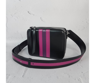 Сумка женская "КВАДРО" натуральная кожа, черная/фуксия с широким ремнем