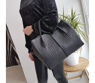 Сумка жіноча "ФОРТА" натуральна шкіра, чорна з тисненням під крокодила