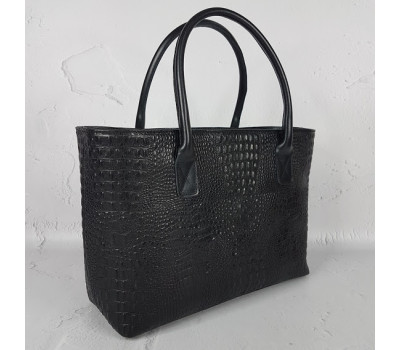 Сумка жіноча "Прима" натуральна шкіра, чорна з тисненням під крокодила