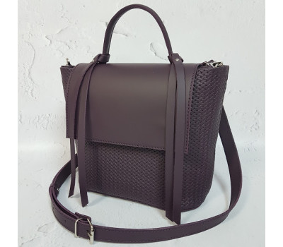 Сумка женская "Керри" натуральная кожа, баклажан с тиснением под плетенку