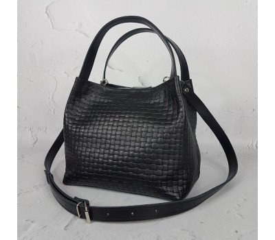 Сумка женская "Жаклин" натуральная кожа, черная плетенка венето