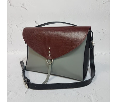 Сумка женская "Дороти" натуральная кожа, серая/бургунди