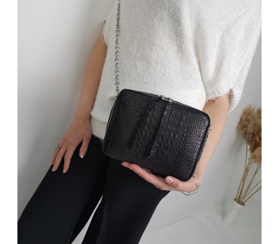 Сумка женская "КВАДРО" натуральная кожа, черная матовая тиснение под крокодила