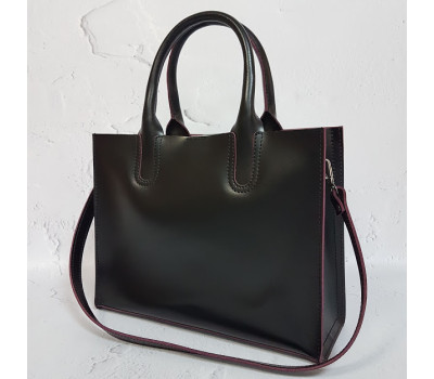 Сумка жіноча "СОЛО" натуральна шкіра, чорна з бургунди виворотом