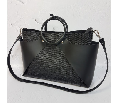 Сумка женская "РОНДА" натуральная кожа, черная с тиснением под плетенку