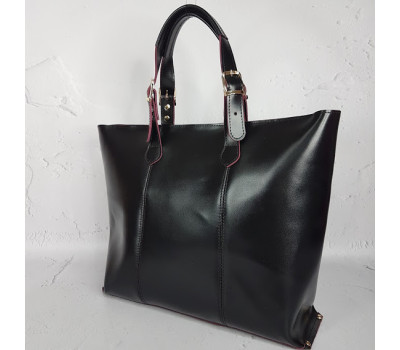 Сумка-шоппер "ЭЛИС" натуральная кожа, черная полуматовая с бургунди изнанкой, на молнии