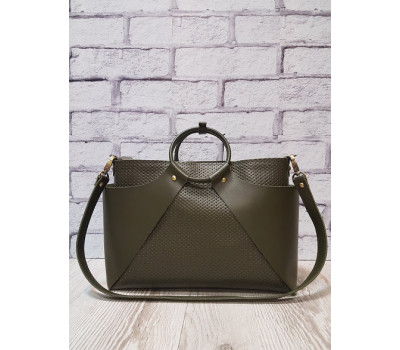 Сумка женская "РОНДА" натуральная кожа, хаки с плетенкой