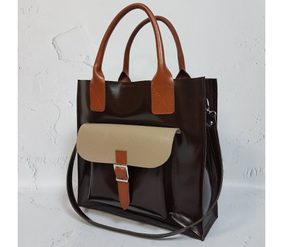 Сумка жіноча "ГАРДА" натуральна шкіра, шоколадний глянець комбінована