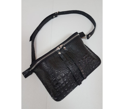 Сумка жіноча поясна "НЕКСТ" натуральна шкіра, чорна матова під крокодила
