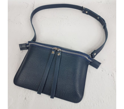 Сумка жіноча поясна "НЕКСТ" натуральна шкіра, синя матова під рептилію