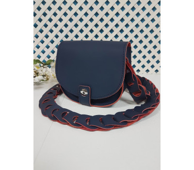Сумка женская "Кенди" ремень-плетение натуральная кожа, синяя с красной изнанкой