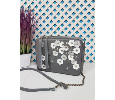 Сумка жіноча "КВАДРО" натуральна шкіра, сіра з квітами