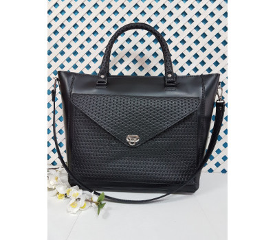 Сумка жіноча "Бона" натуральна шкіра, чорна матова тиснення під стільники