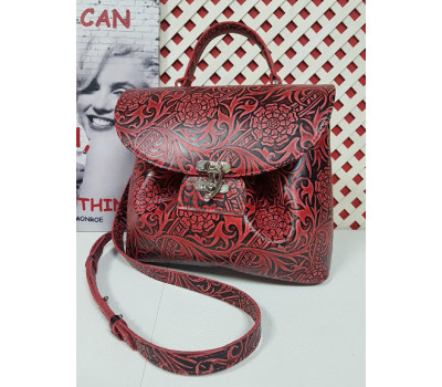 Сумка жіноча "Фіджі" натуральна шкіра, чорна з червоним квітковим принтом