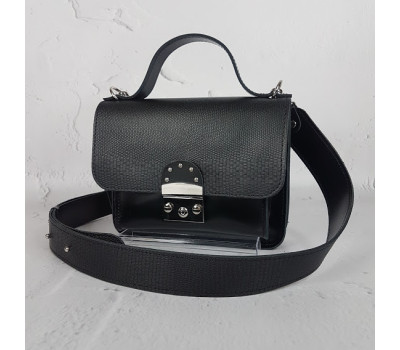 Сумка женская "Бианка" натуральная кожа, черная матовая с тиснением под рептилию