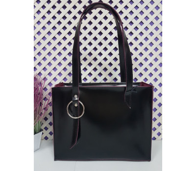 Сумка жіноча "Беата" натуральна шкіра, чорна напівматова з бургунди виворотом