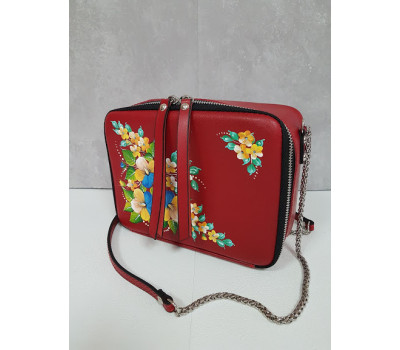 Сумка жіноча "КВАДРО" натуральна шкіра, червона матова з розписом