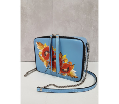 Сумка жіноча "КВАДРО" натуральна шкіра, блакитна матова з розписом