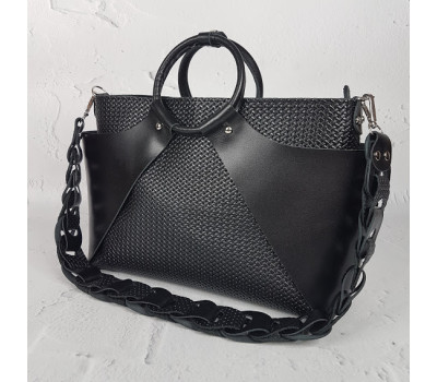 Сумка женская "РОНДА" натуральная кожа, черная матовая с плетенкой
