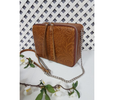 Сумка жіноча "КВАДРО" натуральна шкіра, руда з квітковим принтом