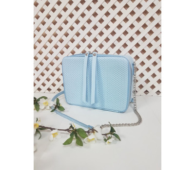 Сумка жіноча "КВАДРО" натуральна шкіра, небесно-блакитна плетінка блискавка в тон