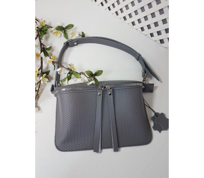 Сумка жіноча поясна "НЕКСТ" натуральна шкіра, сіра матова плетінка