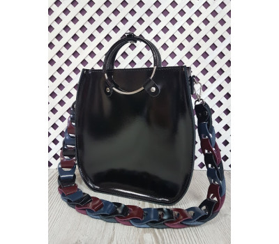Сумка жіноча "Мальва" натуральна шкіра, чорний глянець з кольоровим ременем