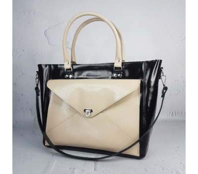 Сумка жіноча "Бона" натуральна шкіра, чорна / слонова кістка глянець
