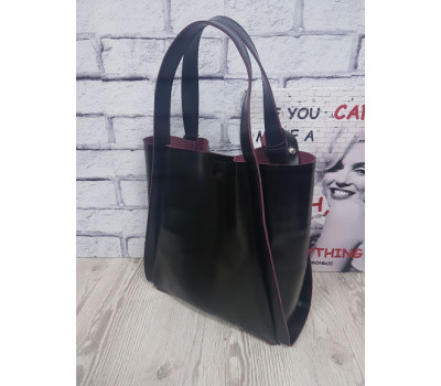 Сумка жіноча "ДОЛЬЧЕ" натуральна шкіра, чорна напівматова з бургунди виворотом