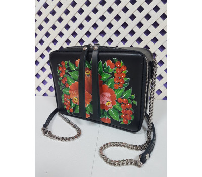 Сумка жіноча "КВАДРО" натуральна шкіра, чорна матова з розписом