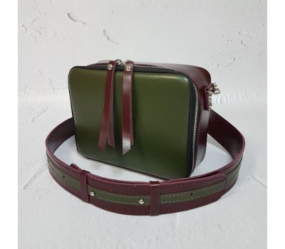 Сумка женская "КВАДРО" натуральная кожа, хаки-бургунди с широким ремнем