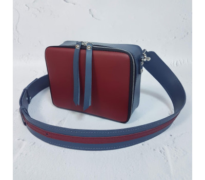 Сумка женская "КВАДРО" натуральная кожа, серо-синяя/темный коралл